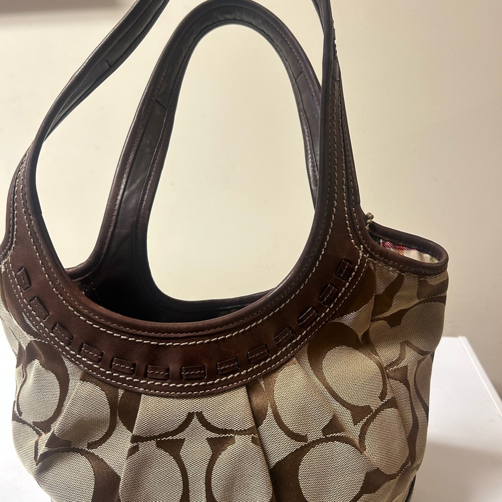 COACH Ergo Khaki Signature Brown Leather Trim Tote Shoulder Handbag Purse 12230